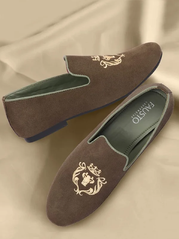 Modern Running Shoes Men Olive Embroidered Velvet Slip On Loafers