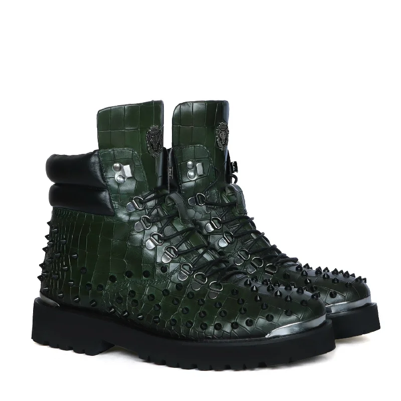 Ultra-Flexible Walking Shoes Lace-Up Chunky Boots Green Croco Textured Leather with Black stud by Brune & Bareskin Ultra-Flexible Walking Shoes Lace-Up Chunky Boots Green Croco Textured Leather with Black stud by Brune & Bareskin