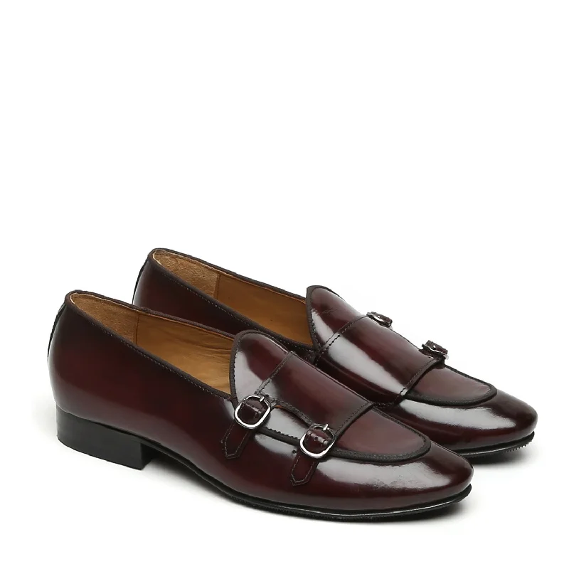 All-Purpose Walking Shoes Wine Monk Strap Slip-On In Brush Off Leather By Brune & Bareskin