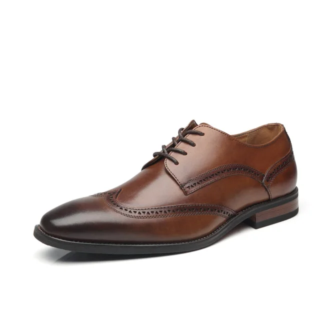 Trendy Everyday Shoes Men's Oxford Wing Tip Navy Leather Dress Shoes - Whisky