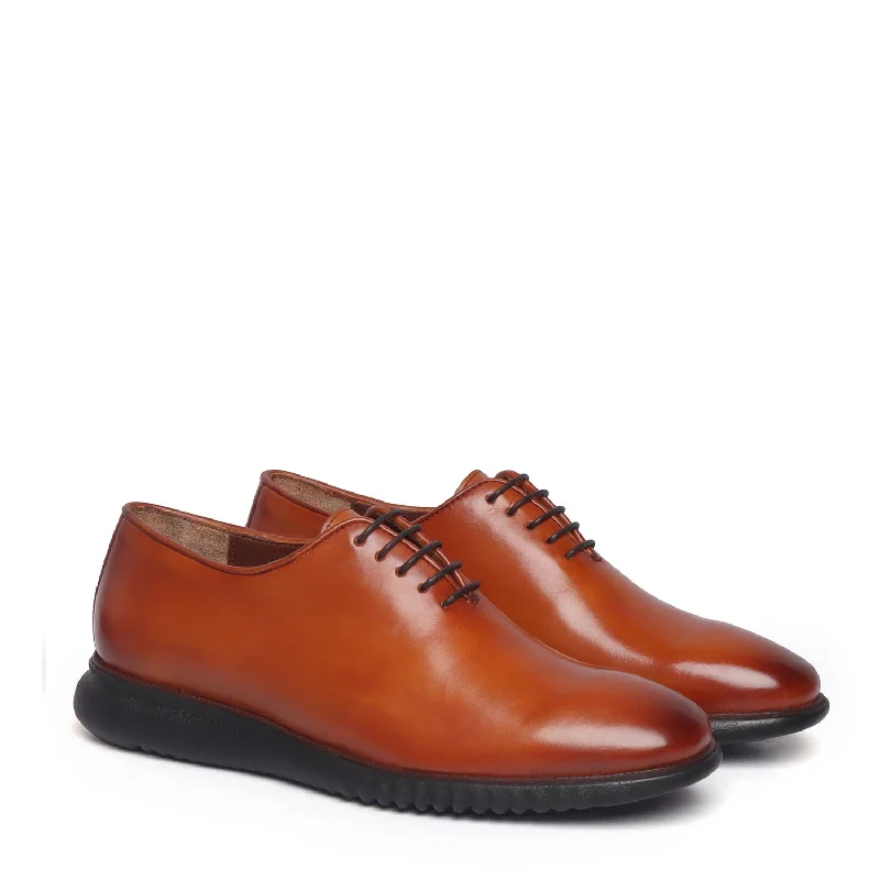 Orthopedic Footwear Tan Leather Oxford Lace-Up Sneakers With Black Light Weight Sole Orthopedic Footwear Tan Leather Oxford Lace-Up Sneakers With Black Light Weight Sole
