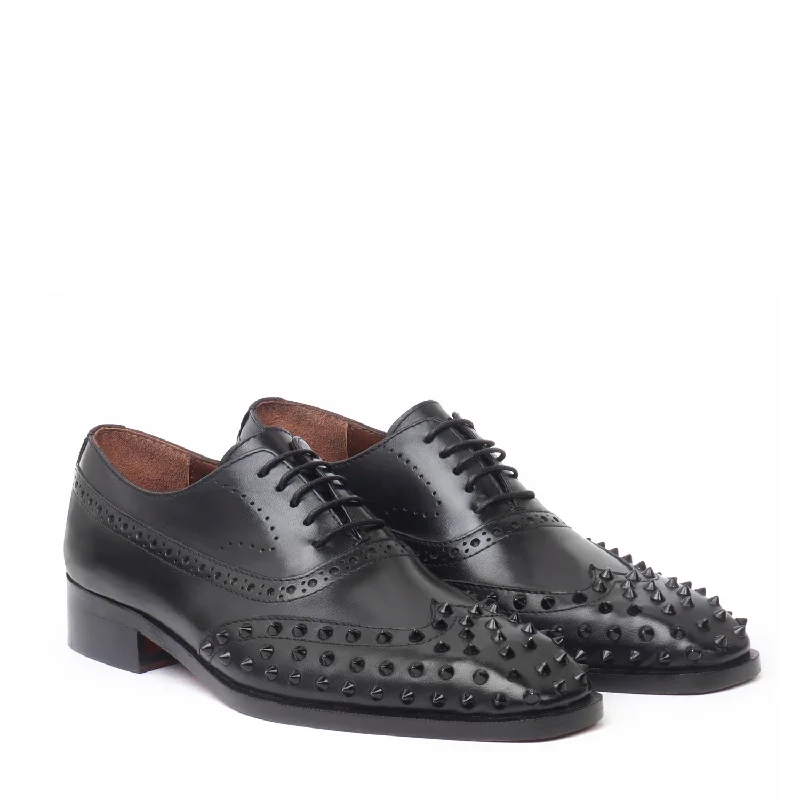 Simple Loafers Black Studded Toe Long Tail Whole Cut One Piece Brogue Oxford Lace-up Shoes by Brune & Bareskin