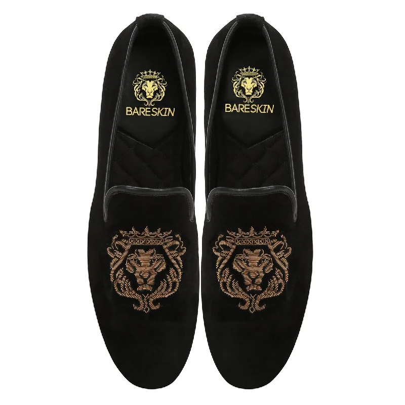Ultra-Stylish Shoes Copper Gold Lion Zardosi Black Velvet Slip-On by Brune & Bareskin