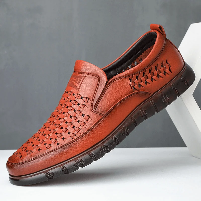 Ultra-Lightweight Sneakers Men Microfiber Breathable Hollow Out Woven Soft Sole Comfy Slip on Casual Shoes