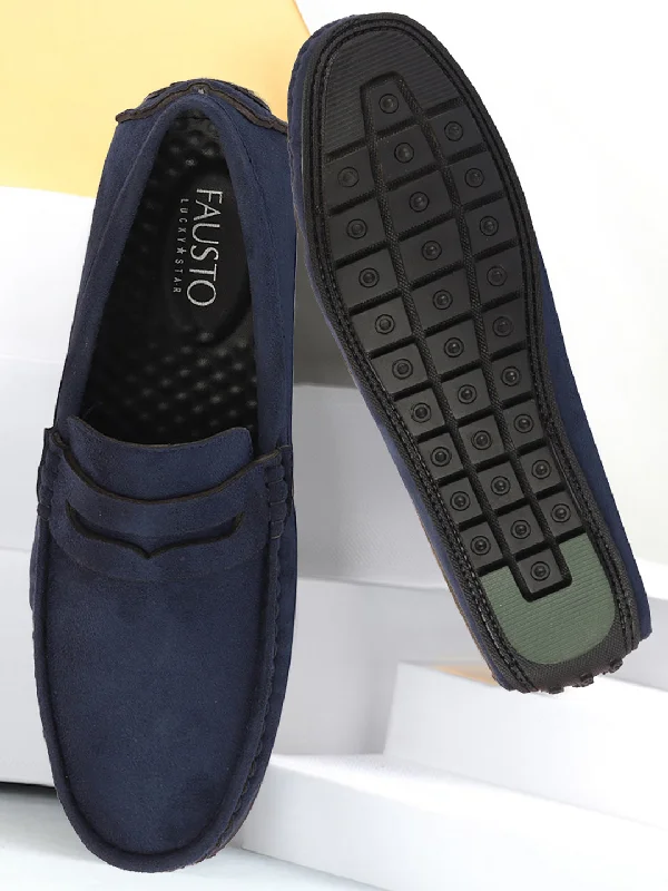 Non-Slip Footwear Men Navy Blue Suede Leather Side Stitched Driving Loafer and Moccasin Non-Slip Footwear Men Navy Blue Suede Leather Side Stitched Driving Loafer and Moccasin