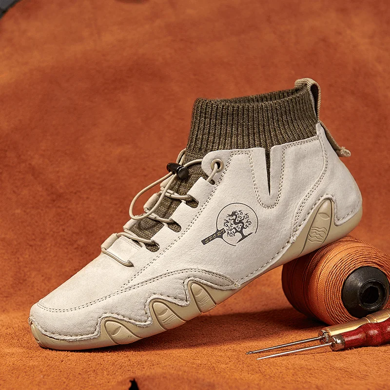 Modern Running Shoes Men Genuine Leather Breathable Soft Sole Brief Splicing Elastic Laces Trendy Casual Shoes