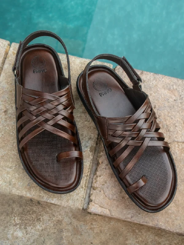 Breathable Cushion Shoes Tri-Band Velcro Sandal-Brown
