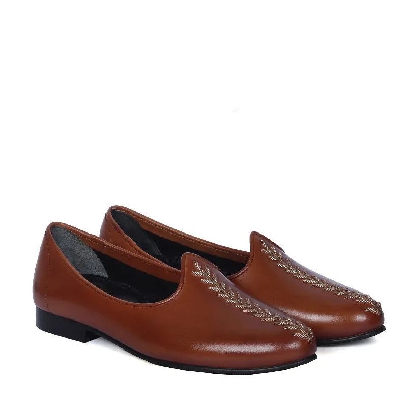 Cozy Everyday Shoes Tan Leather Jalsa with Leaves Stem Hand Zardosi