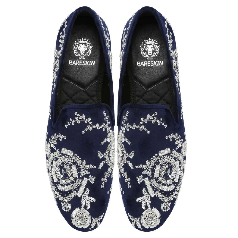 Shockproof Shoes Blue Velvet Slip-On Shoes with Silver Zardosi Embroidery