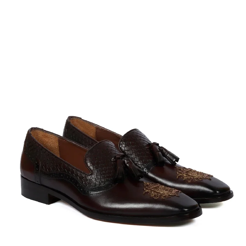 Ergonomic Sneakers Zardosi Toe Dark Brown Snake Textured Tassel Leather Slip-On Shoe For Men