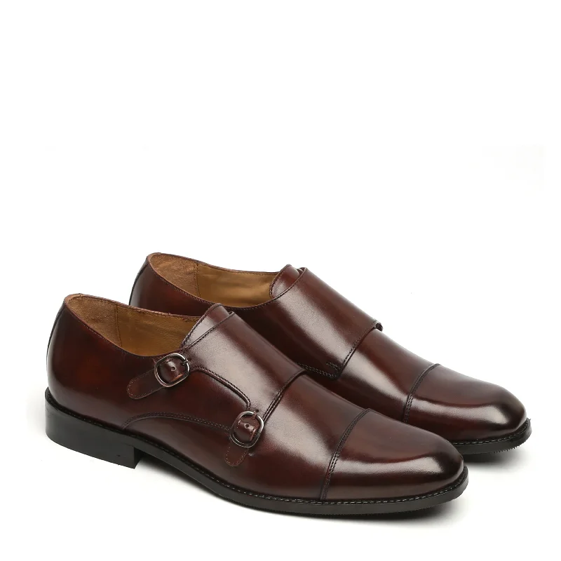 Elegant Everyday Shoes Dark Brown Genuine Leather Cap Toe Double Monk Strap Formal Shoes By Brune & Bareskin