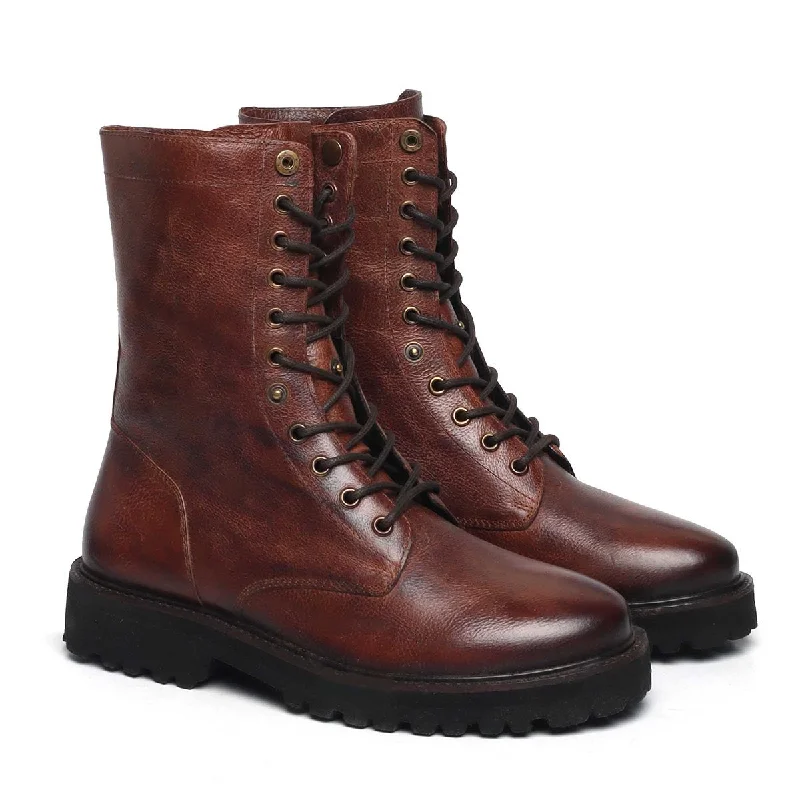 Travel Comfort Shoes Brown Fordable High Ankle Boots in Textured Leather By Brune & Bareskin