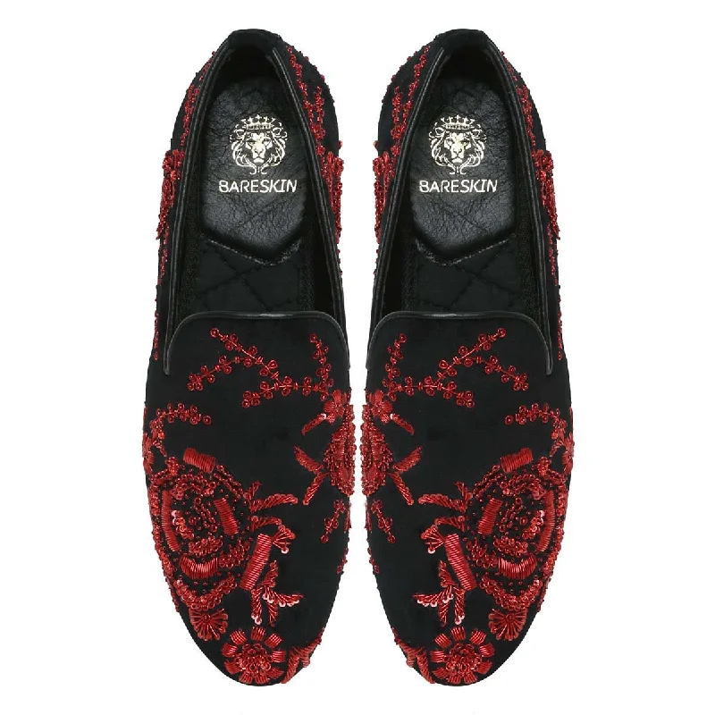 Non-Slip Footwear Black Velvet Slip-On Shoes with Red Zardosi Embroidery By Brune & Bareskin