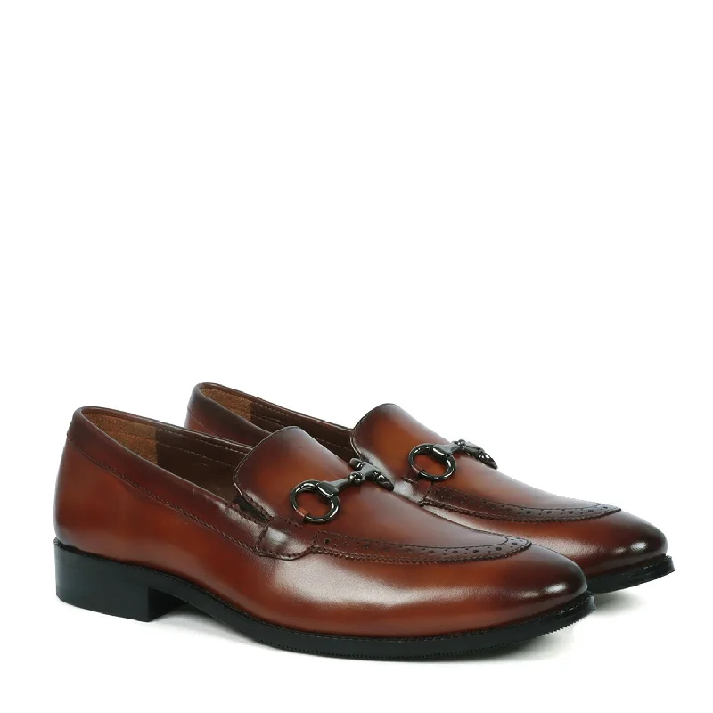 Summer Comfort Shoes Horse-bit Detailing Leather Loafers Tan Punching Brogue Design
