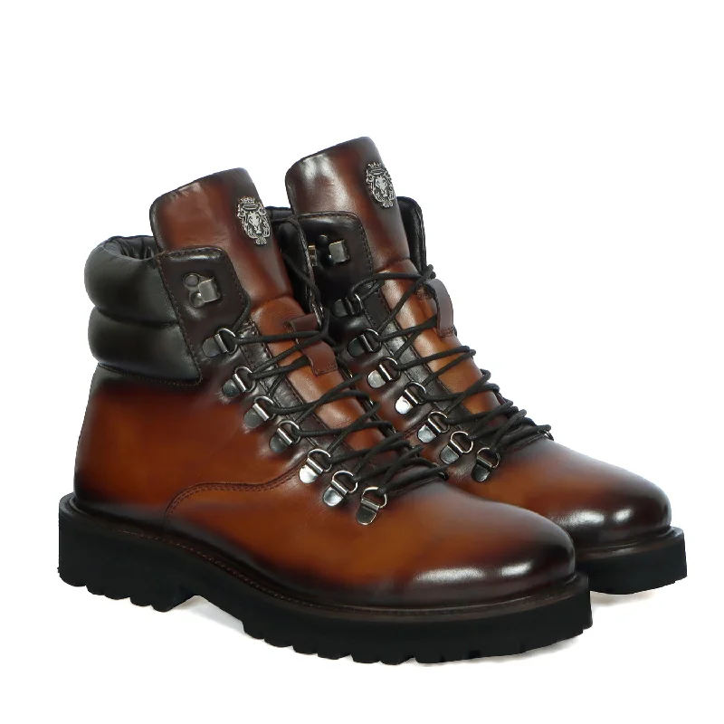 Air-Cushion Shoes Tan Leather Light Weight Chunky Boot With Lace-Up Closure By Brune & Bareskin