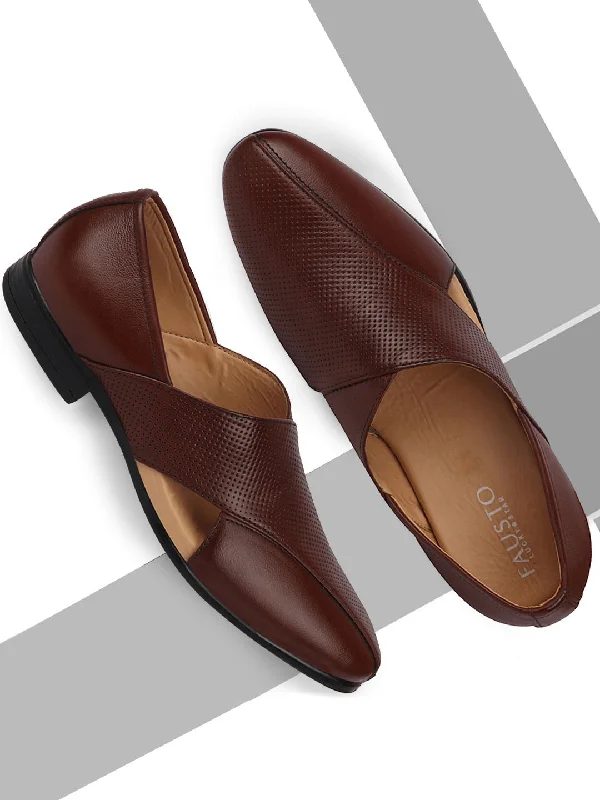 Plush Walking Shoes Men Formal Tan Peshawari Front Open Leather Slip On Shoes