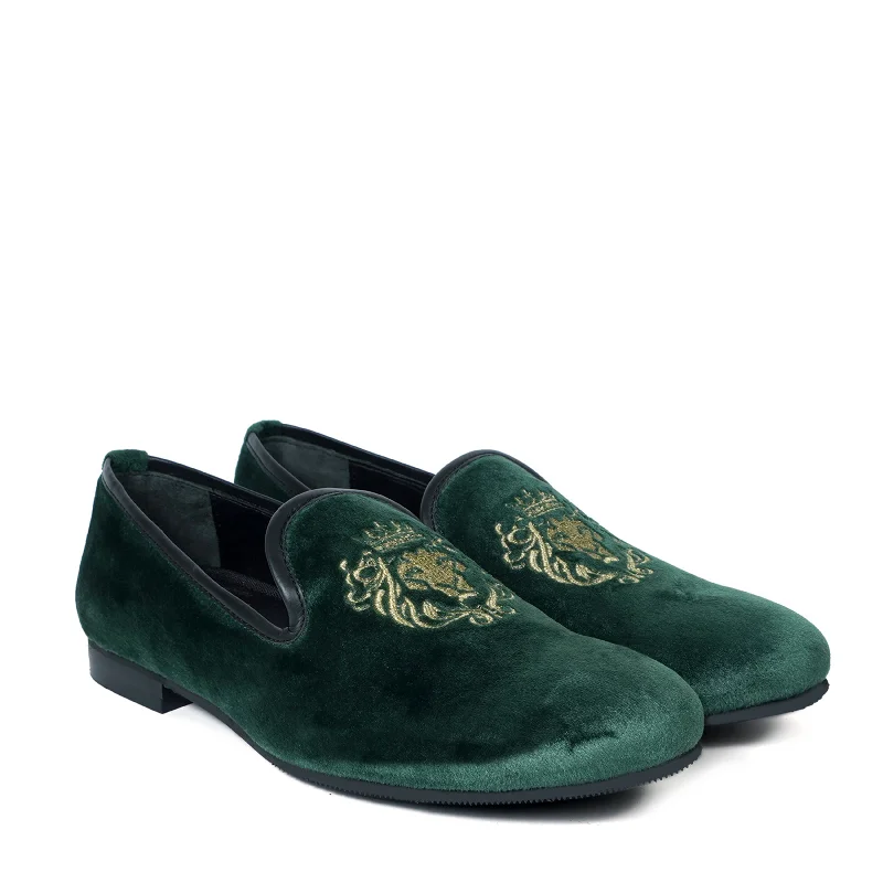 Breathable Running Shoes Dark Green/Golden Lion King Embroidery Velvet Slip-On By Brune & Bareskin