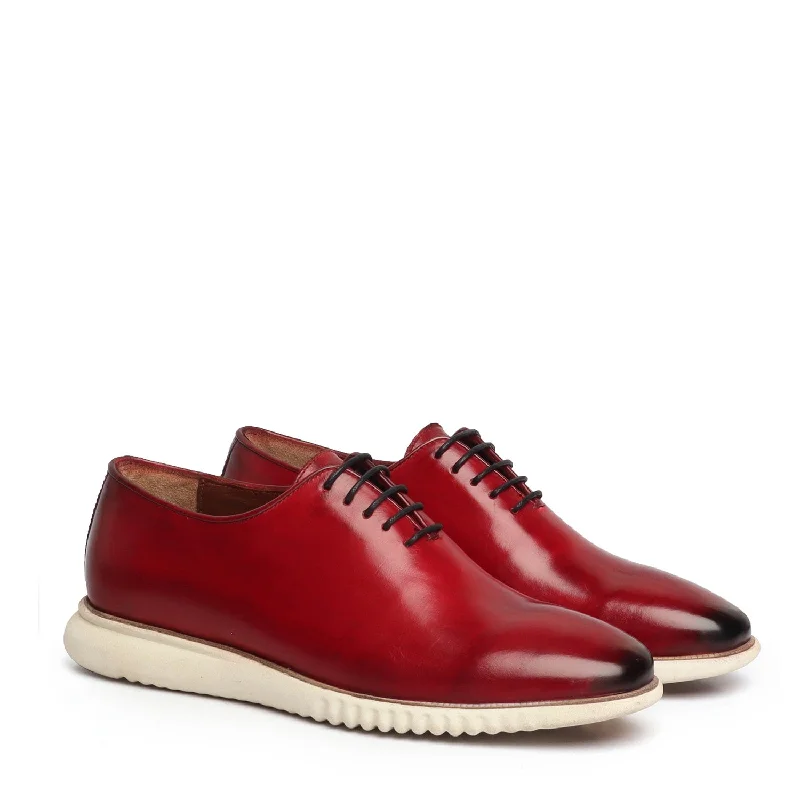 Travel-Ready Shoes Wine One Piece Leather Sneakers With Oxford Lace-Up Closure