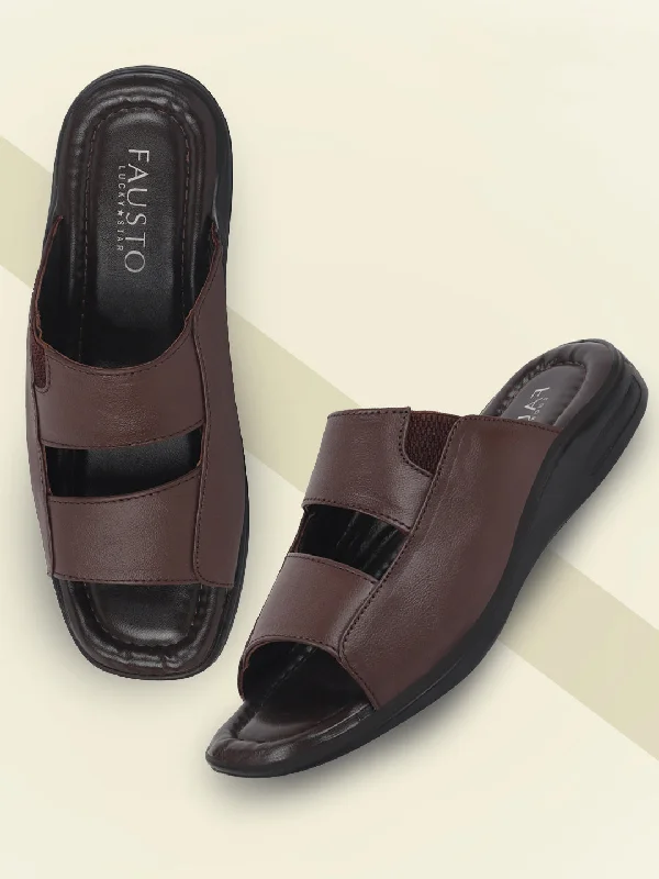 Ergonomic Sneakers Men Brown Leather Outdoor Lightweight Cushioned Slip On Slippers