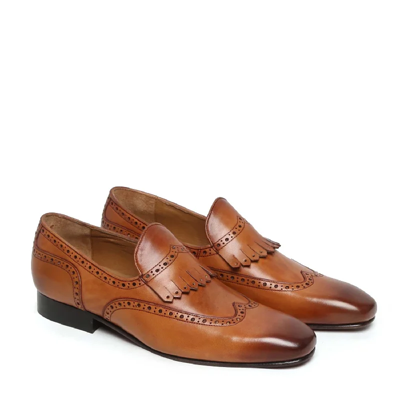 Premium Walking Shoes Tan Wingtip Brogue Fringes Leather Slip On By Brune & BARESKIN