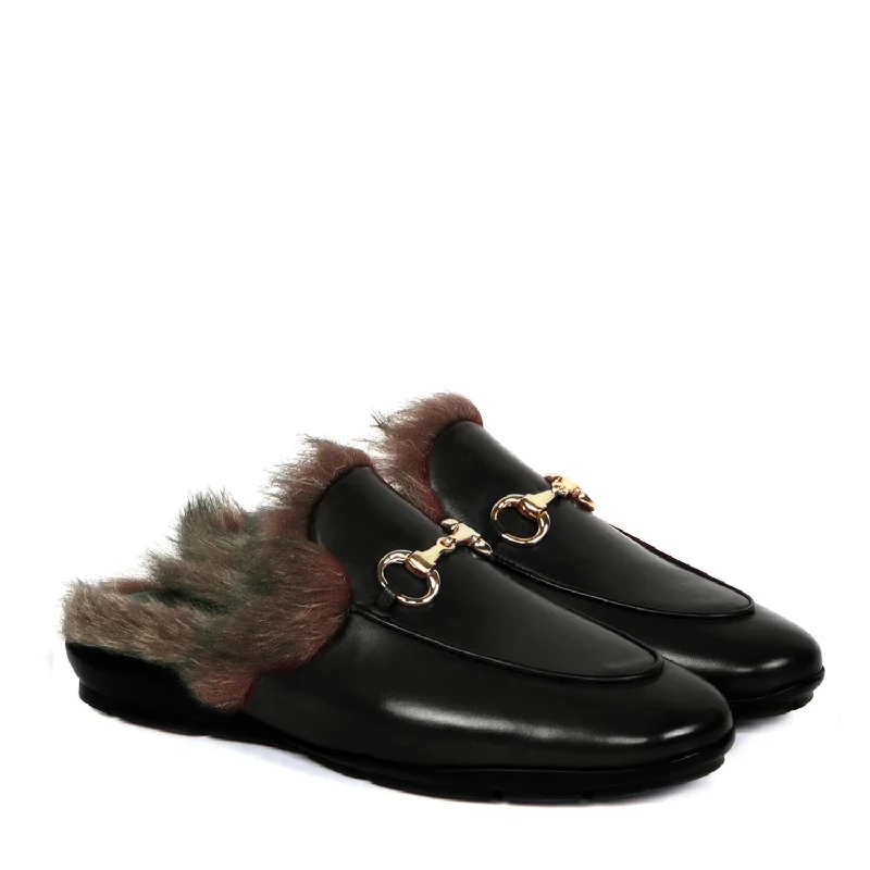 Active Lifestyle Shoes Summer Special Back Opening Furry Light Weight Black Leather Formal Mules