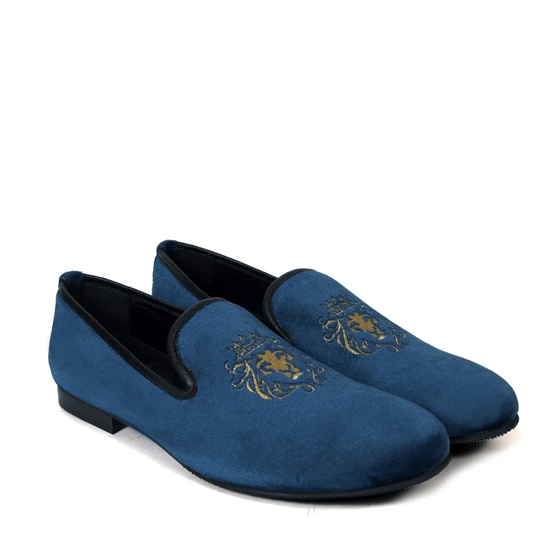 Everyday Comfort Shoes Blue Velvet/Golden Lion King Embroidery Slip-On Shoes By Brune & Bareskin