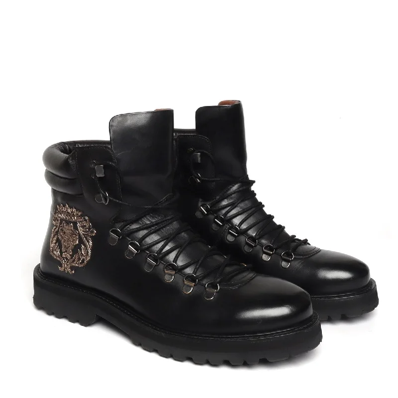Elegant Sneakers Black Lace-Up Chunky Boot With Zardosi Lion