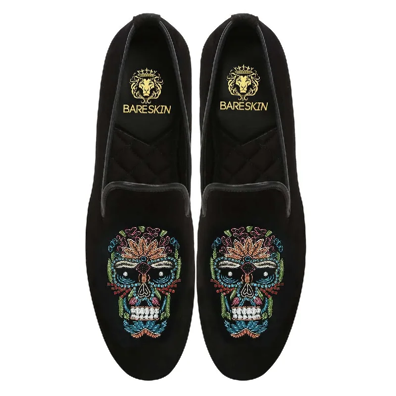 Chic Running Shoes Black Velvet Slip-On with Multi-Colored Handmade Zardosi Skull By Brune & Bareskin