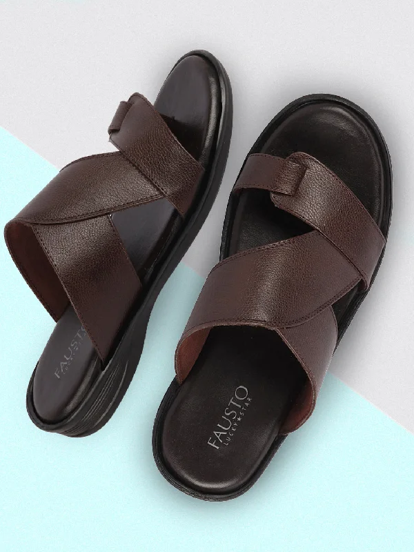 Travel-Ready Shoes Men Brown Daily Indoor Outdoor Multi Strap Toe Ring Slip On Slipper
