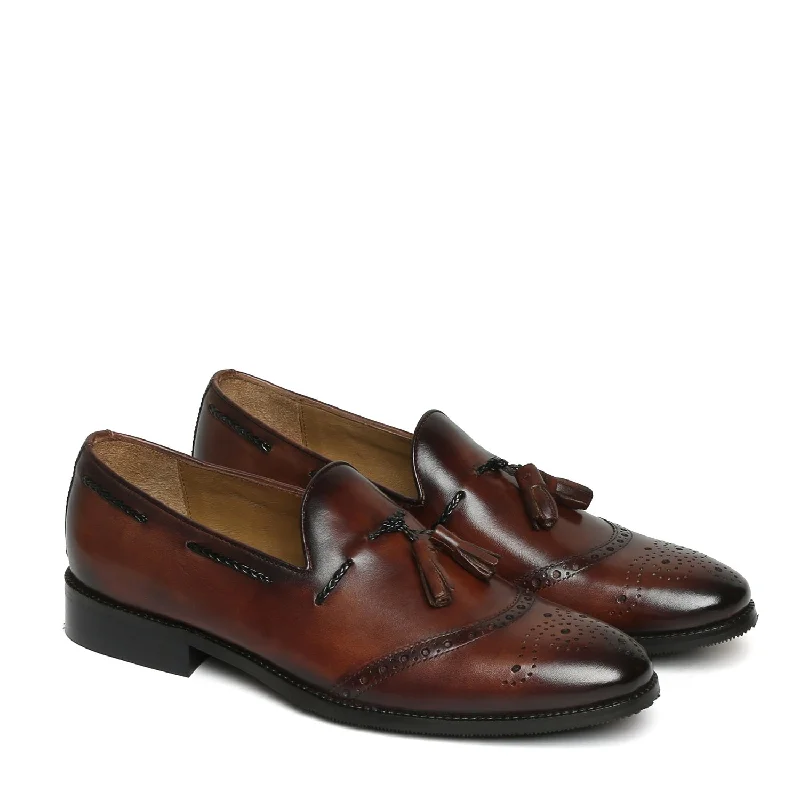 Lightweight Athletic Shoes Dark Brown Quarter Brogue Toe Tassel Leather Slip-On Shoes