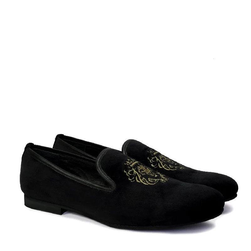 Stylish Sneakers Black Velvet Lion-King Design Men'S Handmade Slip-On By Brune & Bareskin