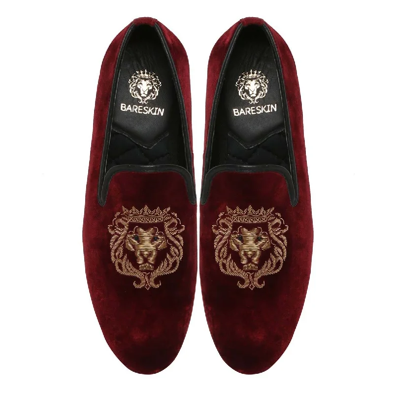 Casual Comfort Shoes Red Velvet Slip-On with Golden Lion Zardosi by Brune & Bareskin