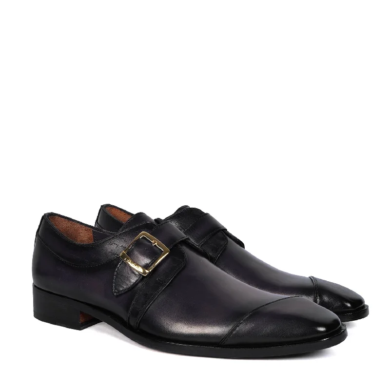 Padded Comfort Shoes Laser Engraved Single Monk Formal Shoes in Grey Leather Slant Cap Toe Top Line By Brune & Bareskin Padded Comfort Shoes Laser Engraved Single Monk Formal Shoes in Grey Leather Slant Cap Toe Top Line By Brune & Bareskin
