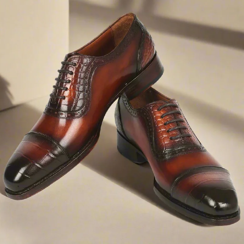Stylish Sneakers Bruce Tan Croco Print Toecap Oxford