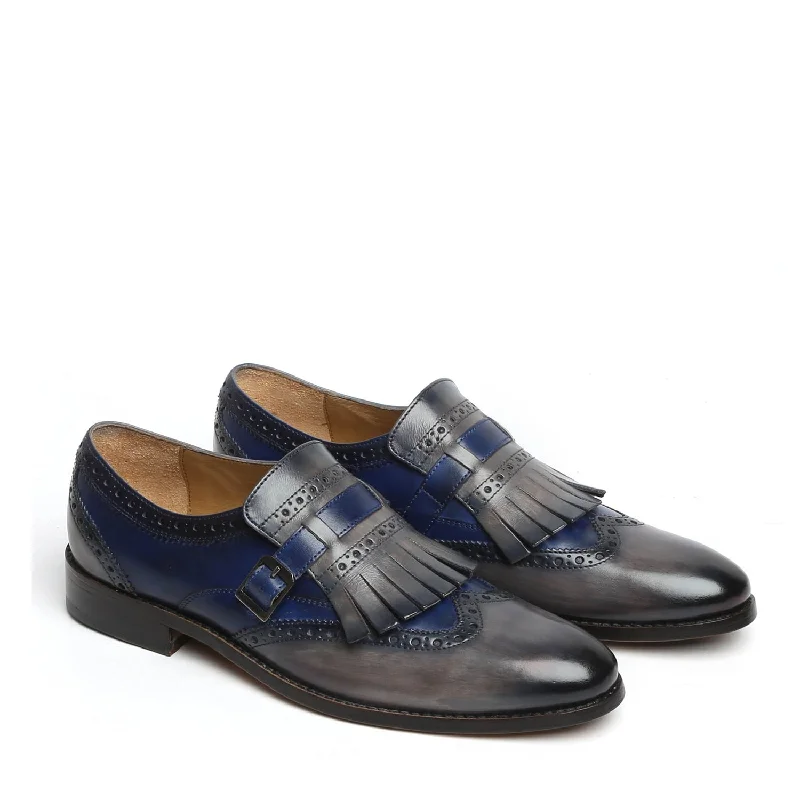Casual Sneakers Blue/Grey Leather Fringed Single Monk Strap Shoes By Brune & Bareskin