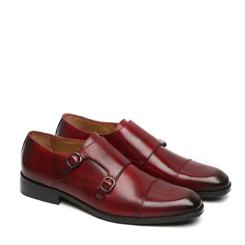 Breathable Active Shoes Wine Genuine Leather Cap Toe Double Monk Strap Formal Shoes By Brune & Bareskin
