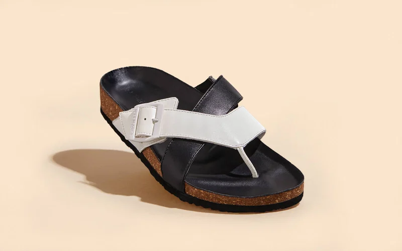 Ergonomic Sneakers Cork Cross Strap Sandals : White and black