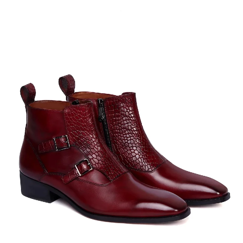 Classic Loafers Double Monk Croco Strap Sleek Look Wine Leather Side Zipper Chelsea Boot By Brune & Bareskin Classic Loafers Double Monk Croco Strap Sleek Look Wine Leather Side Zipper Chelsea Boot By Brune & Bareskin