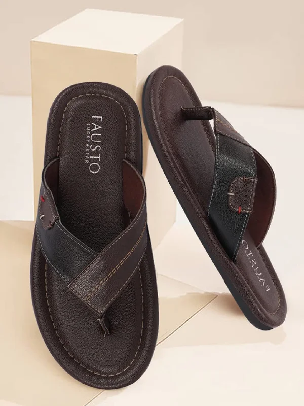 Ultra-Stylish Shoes Men Brown Stitched Design Indoor Outdoor Thong Slipper Sandals