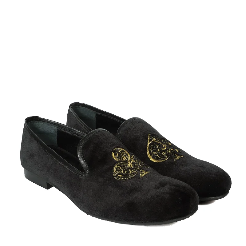 Travel Comfort Shoes Embroidered Velvet Slip-On Shoes with Black-Golden Poker Detailing Travel Comfort Shoes Embroidered Velvet Slip-On Shoes with Black-Golden Poker Detailing