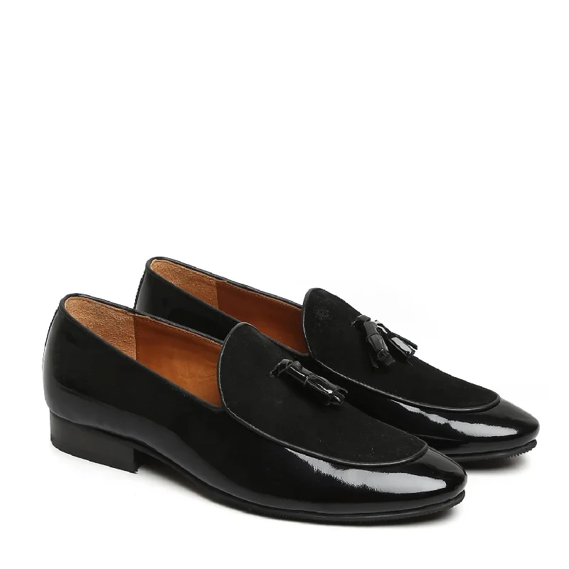 Ultra-Durable Sneakers Black Glossy/Suede Leather Apron Toe Tassel Slip-On Shoes By Brune & Bareskin