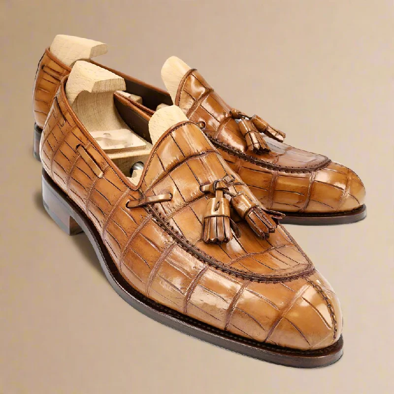 All-Purpose Walking Shoes Bentley Tan Croco Print Tassel Loafer