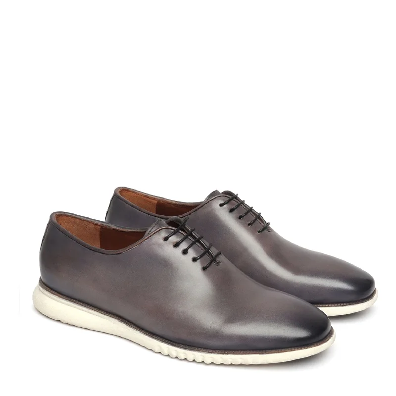 Trendy Sport Shoes Grey One Piece Leather Oxford Lace-Up Sneakers