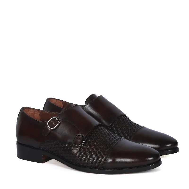 Sleek Athletic Sneakers Double Monk Leather Shoe in Dark Brown Leather Dual Shade Woven Detailed Vamp to Quarter By Brune & Bareskin Sleek Athletic Sneakers Double Monk Leather Shoe in Dark Brown Leather Dual Shade Woven Detailed Vamp to Quarter By Brune & Bareskin
