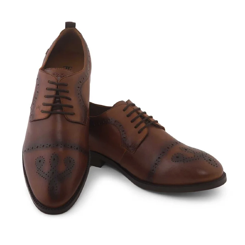 Orthopedic Footwear Ezok Men Tan Burnish Finish Perforated Leather Derby Shoes