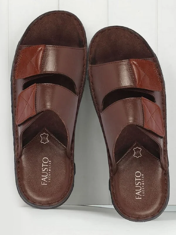 High-Quality Sneakers Men Brown Genuine Leather Adjustable Velcro Strap Broad Feet Open Toe Suede Leather Insole Slippers