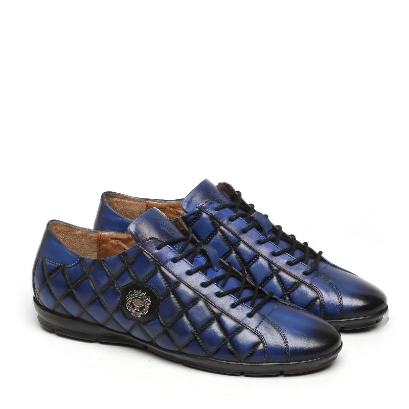 Lightweight Sport Shoes Diamond Stitched Blue Leather Sneakers