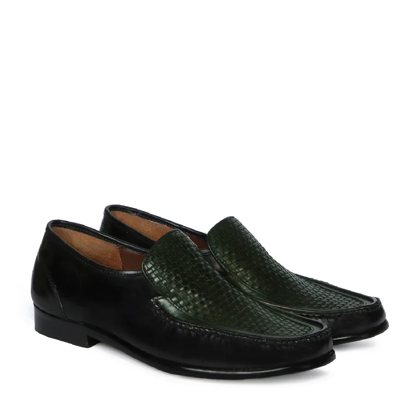 Trendy Everyday Shoes Dark Green Weaved Vamp Black Loafers in Genuine Leather with Leather Sole