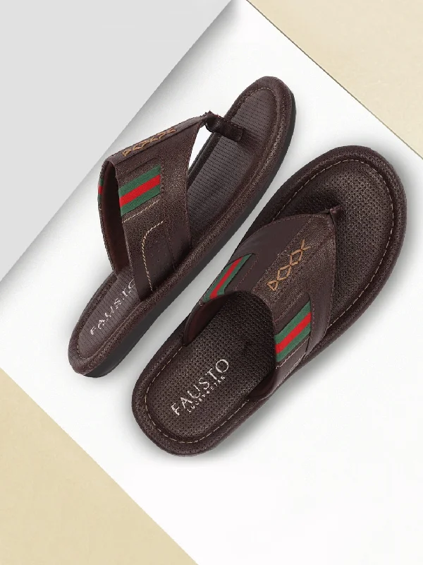 All-Terrain Sneakers Men Brown Colored Strip Design Indoor Outdoor Thong Slipper Sandals