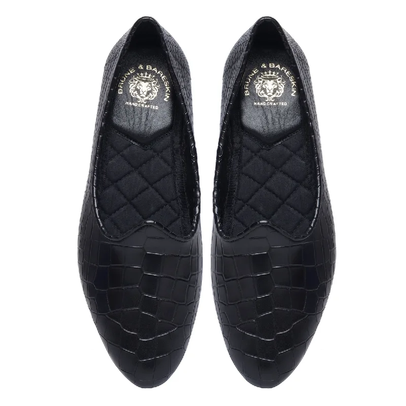Orthopedic Footwear Black Deep Croco Design Cut Leather Jalsa By Brune & Bareskin